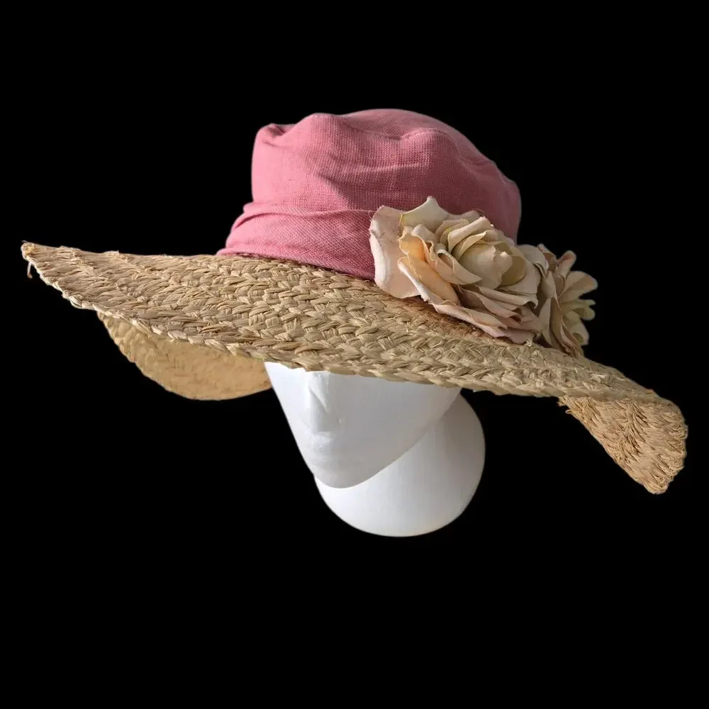 Vintage Hoodlums Ltd Floppy Sun Hat Pink Flowers Straw Brim Cottagecore One Size - Picture 11 of 16